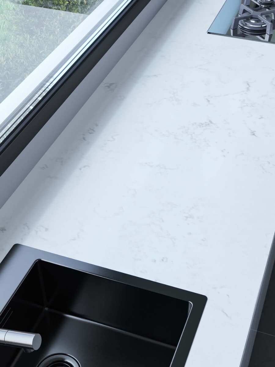 White Stone Countertop beside window | Francini Inc Quartz Counters Salt Lake City