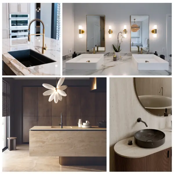 A collage of 4 designs that incorporate porcelain