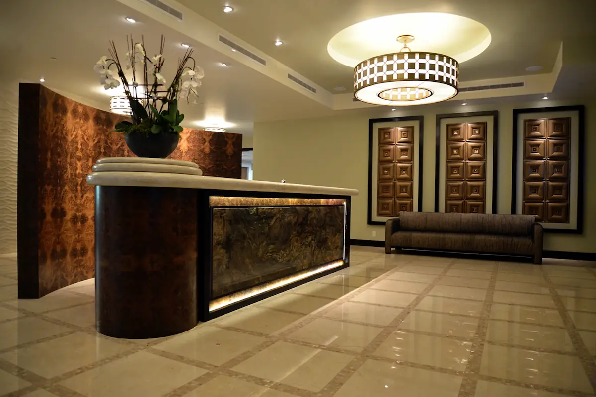 A lobby decorated with stone
