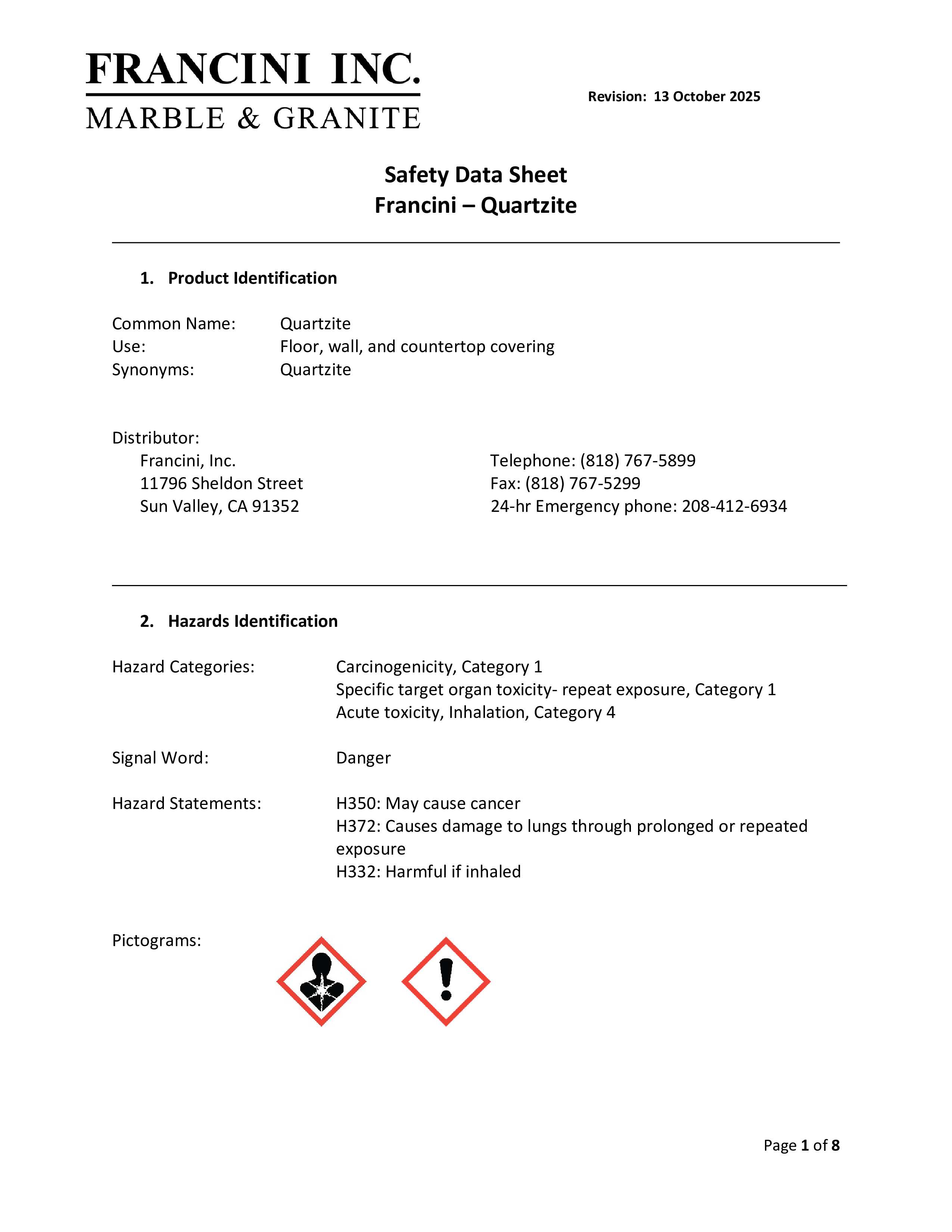 View the Quartzite Safety Sheet