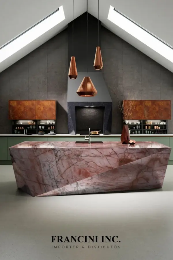 An exotic stone counter and dining room