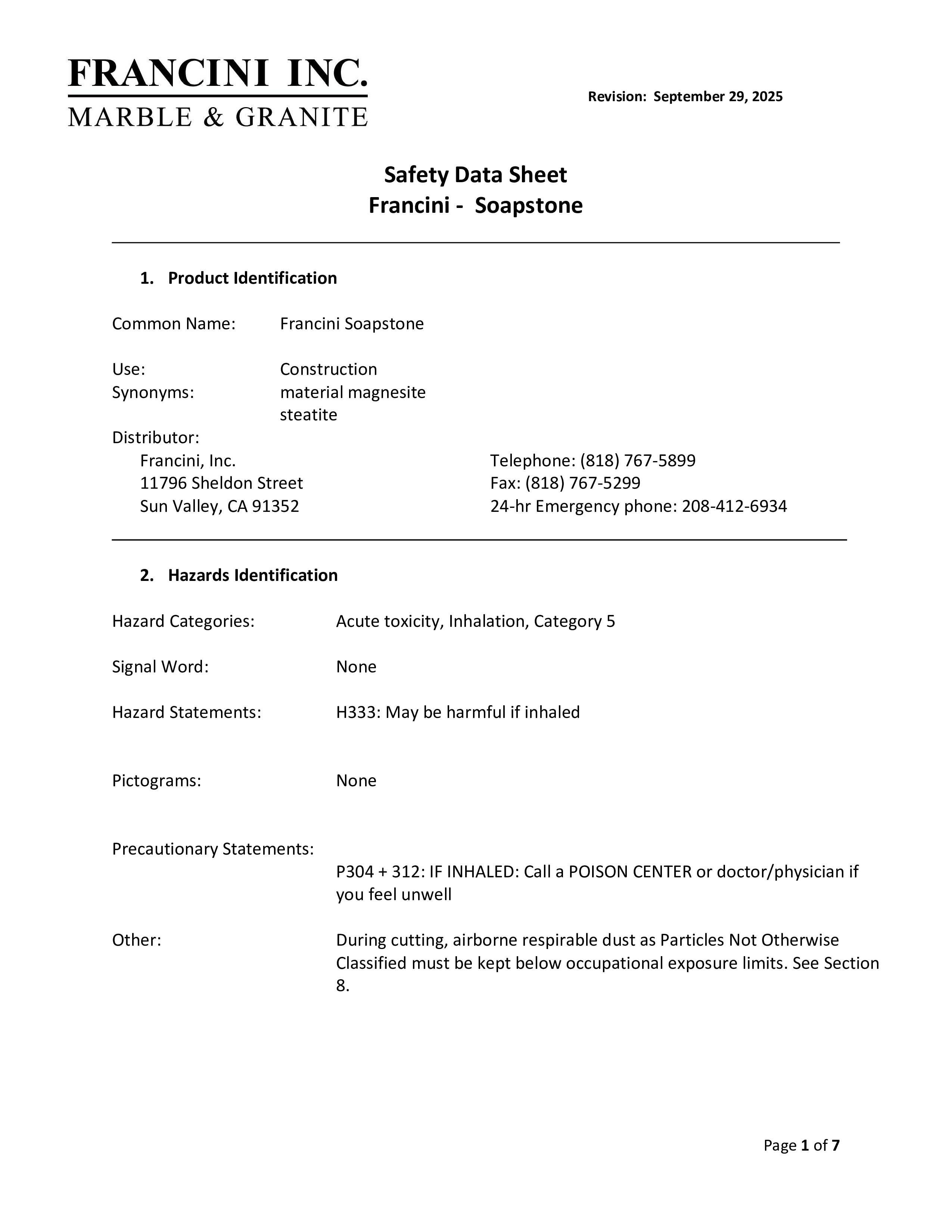 View the Soapstone Safety Sheet