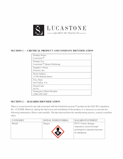 View the Lucastone SDS Report